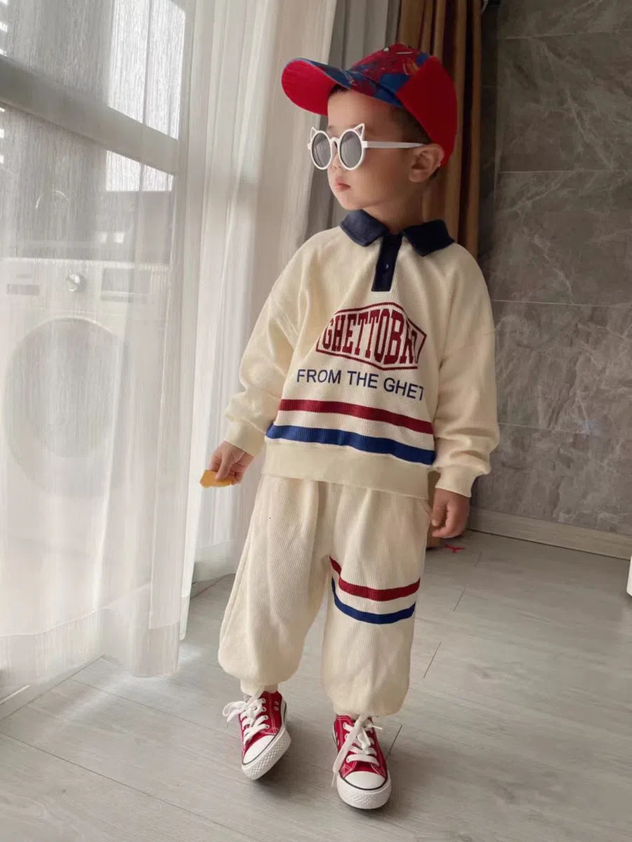 Clothing Sets Korean Kid Set Baby Boy Suit Spring Autumn Fashion Letter Print Baby Girls 2pcs Outfits Clothes Lapel Cotton Sweater Pant 230418