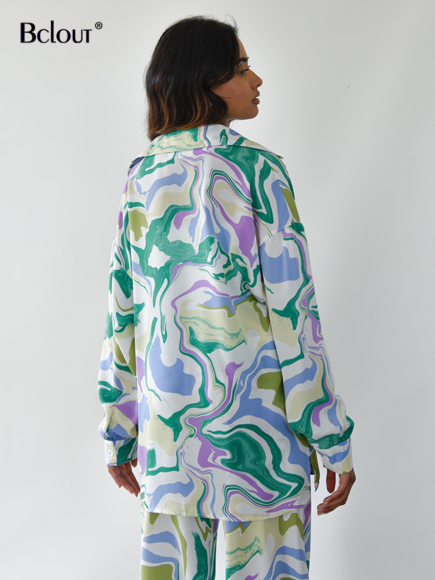 Women's Two Piece Pants Bclout Summer Print Pants Set 2 Pieces Womens Outfits Elegant Long Sleeve Shirts Fashion High Waist Long Pants Suits Fema