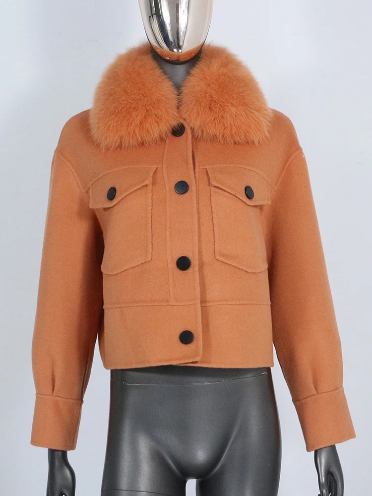 Women's Wool Blends CXFS Wool Blends Winter Jacket Women Real Fur Coat Natural Fox Fur Collar Pocket Short Outerwear Streetwear Fashion 231117