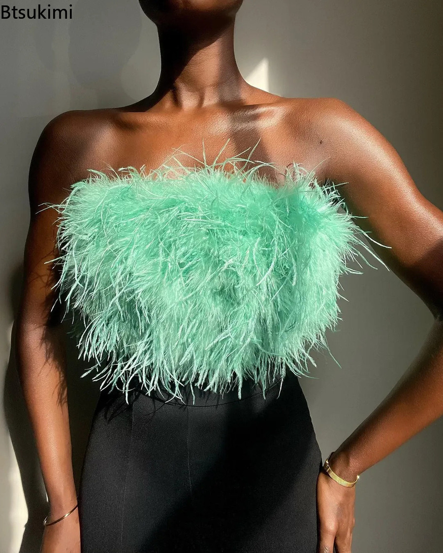 Women's Tanks Camis 2023 Summer Women Feather Top Sexy Off Shoulder Cropped Y2K Tube Furry Crop Party Club Tank Woman Zipper Green s Cute 230417
