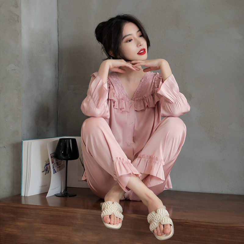 Women's Sleepwear Summer Women Satin Pajamas for Long-sleeved Sleepwear for Korean Sexy Lace Loose Oversized Home Clothes Suit 230418