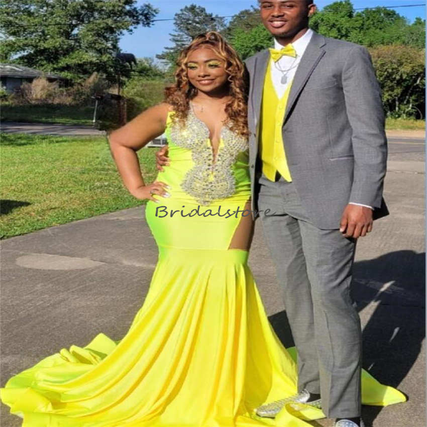 Yellow Black Girls Prom Dress 2023 Plus Size Mermaid Aso Ebi Evening Party Dresses Elegant Birthday Formal Occasion Women Wear Robe De Soiree Beaded C