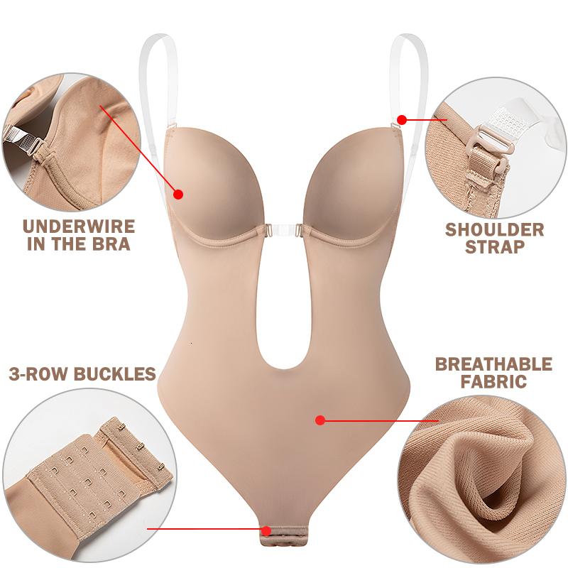 Waist Tummy Shaper Invisible Bra Sexy Bodysuit Corset Backless Deep VNeck U Plunge Thong Trainer Clear Strap Padded Push Up Shapewear 230417