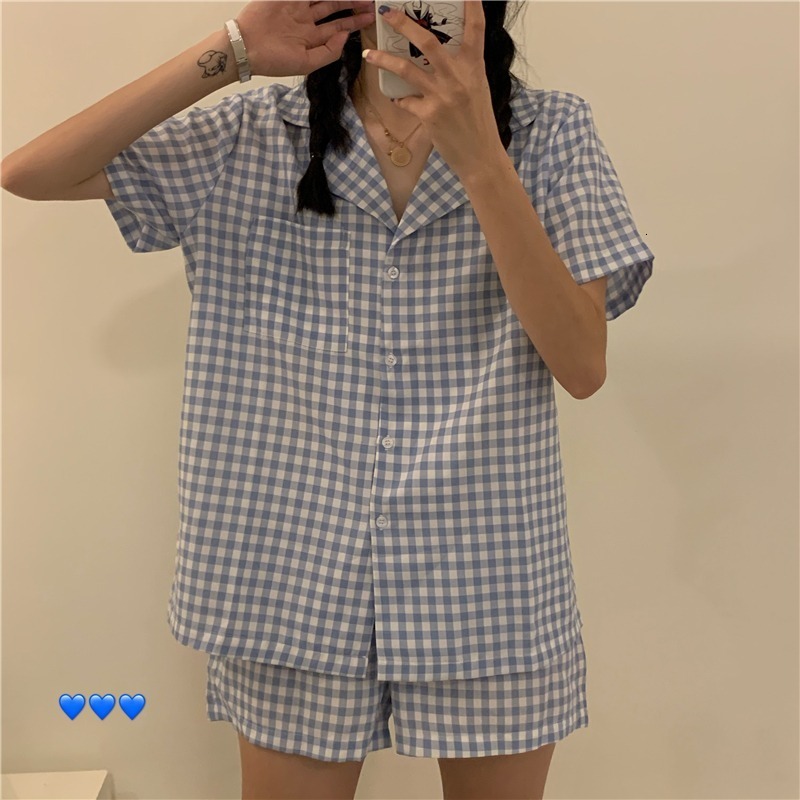 Women's Sleepwear Cute Grid Girls Pajamas Set Korean Summer Short Sleeve Leisure Sleepwear Women Loose Nightwear Homewear Suit 230418