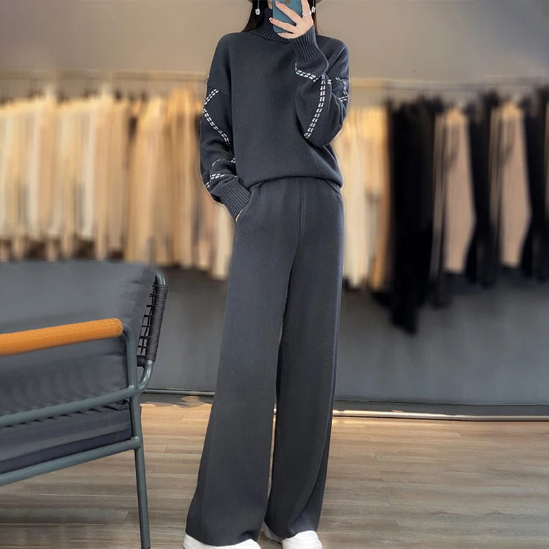 Womens Two Piece Pants selling womens pants long sleeved knitted pullover high neck sweater casual wide leg 100% cotton set 231118wtt