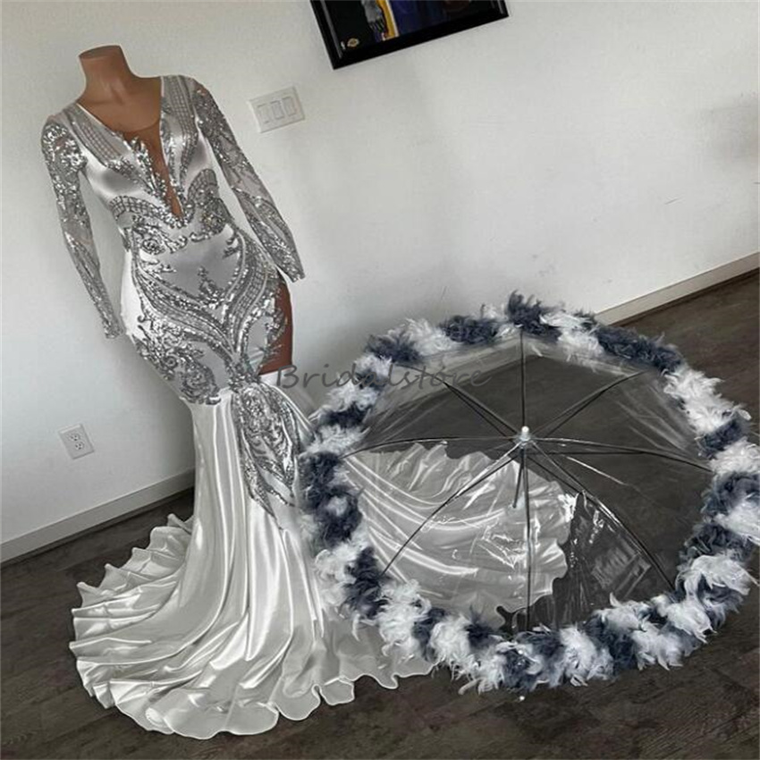 Beautiful Silver Sequin Prom Dress For Black Girl Chic Long Sleeve Mermaid Evening Dresses For 16 Birthday Formal Party Occasion Graduations 2023 vest