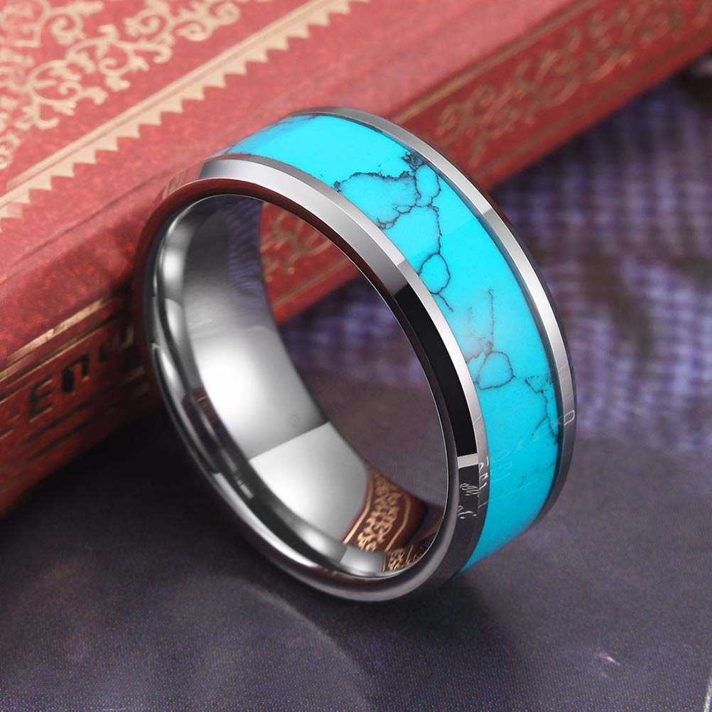 Band Rings Fashion 8mm Men Silver Color Tungsten Wedding Ring Blue Turquoise Stone Inlaid Polished Flat Ring For Men Wedding Band Jewelry AA230417