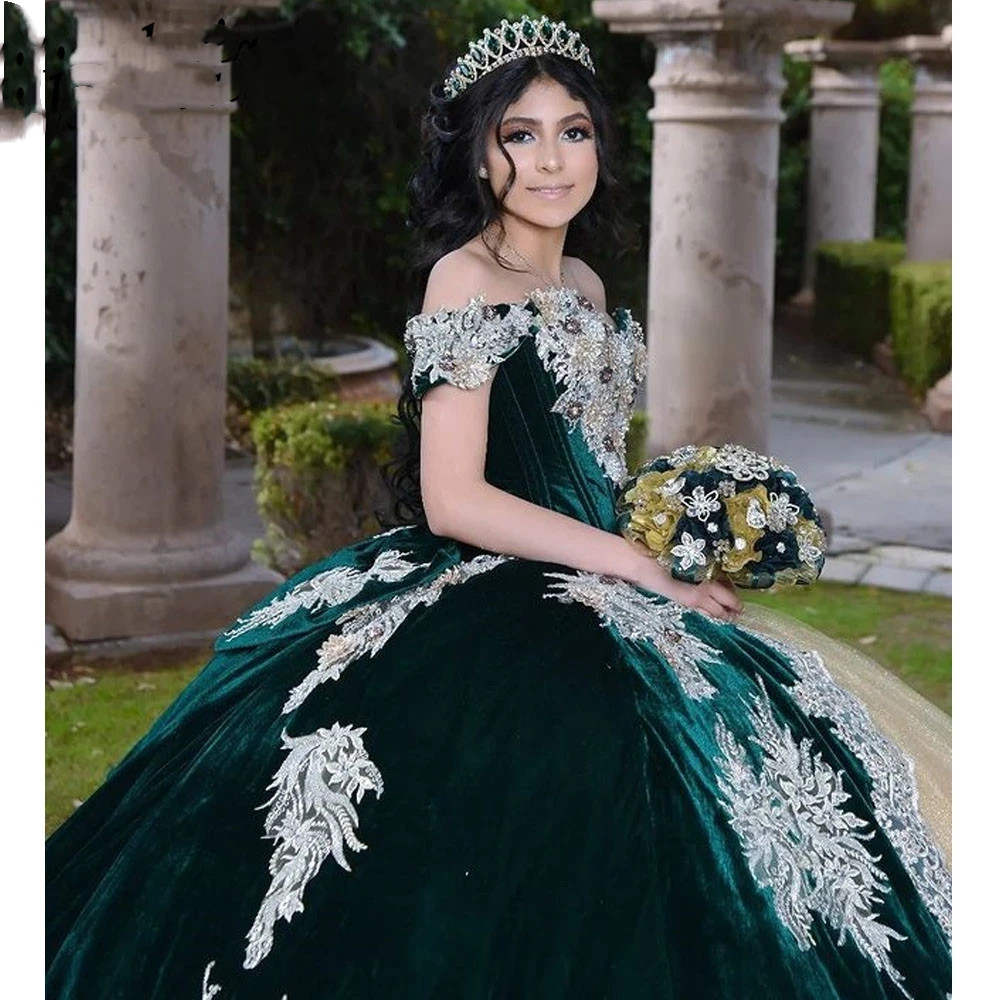 Green Veet Princess Quinceanera Dresses Appliques Ball Birthday Gown Off The Shoulder Lace-Up Sweet 16 Dress Robe 322