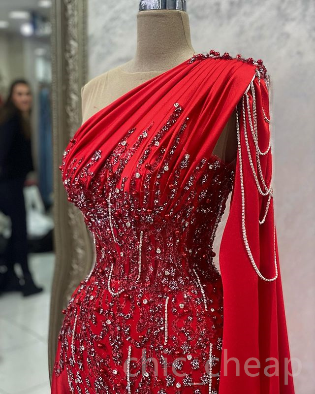 April Aso Ebi Red Prom Dress Mermaid Beaded Crystals Evening Formal Party Second Reception Birthday Engagement Gowns Dresses Robe De Soiree ZJ es