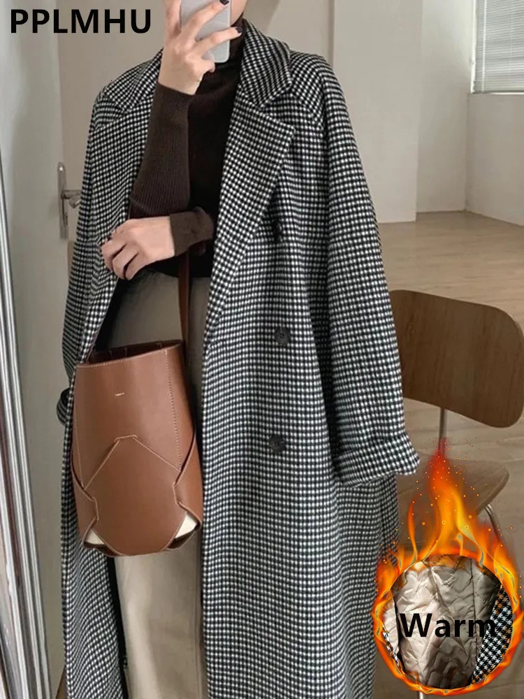 Womens Wool Blends Winter Thicken Long Blend Coats Women Casual Loose Houndstooth Plaid Jackets Warm Cotton Padded Woolen Korean Chaqueta 231118