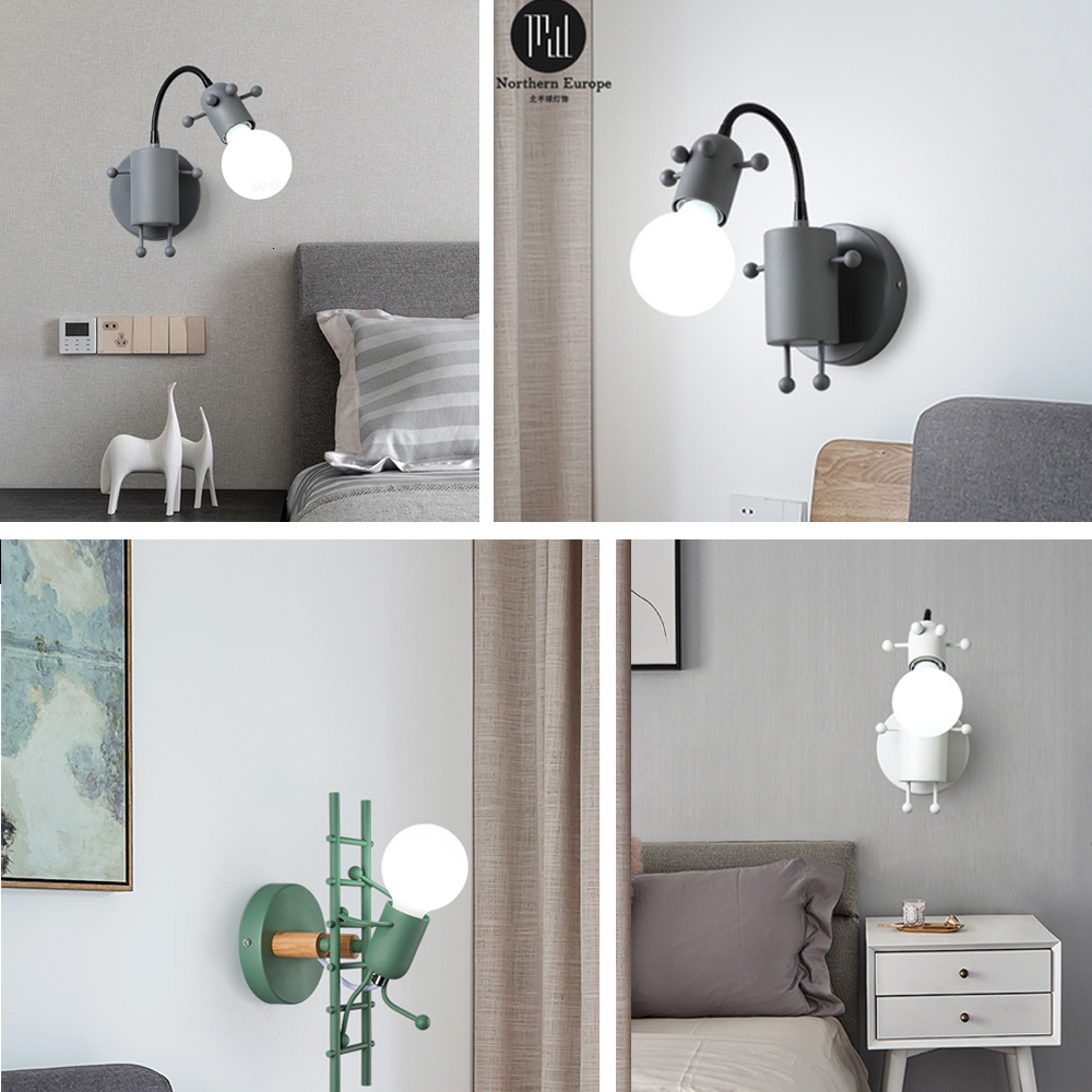 Lamps Shades Modern Creative Wall Lamp Nordic Sconce Cartoon Doll Wall Light American Minimalism Metal Robot Lamps for Kids Baby Living room 230418