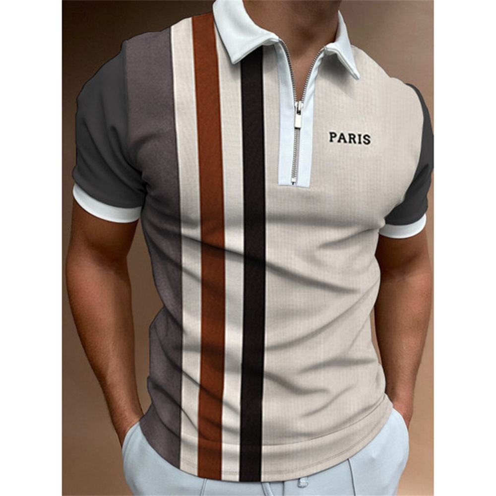 Men's Polos Polo Shirt for Men Summer Men's Tops Daily Short Sleeve Striped Golf Plain Clothing Men Shirts Turn-down Collar Zippers Tee 2304