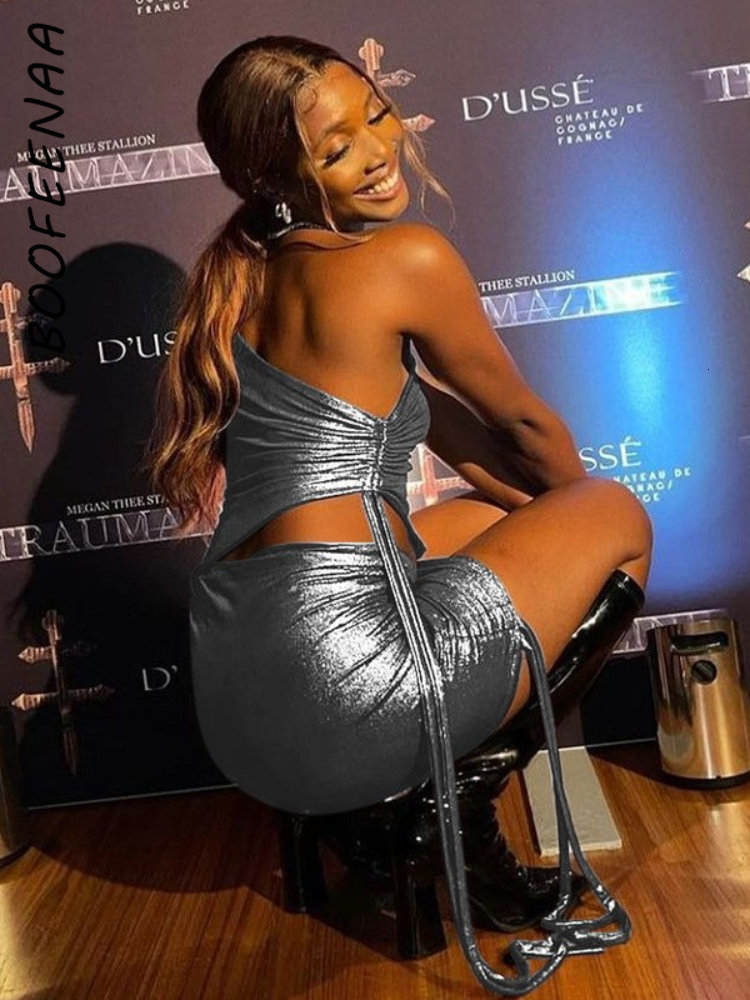 Two Piece Dress BOOFEENAA Metallic Mini Sets Sexy Short Clubwear Skirt and Top Miami Outfit C16BG17 230418