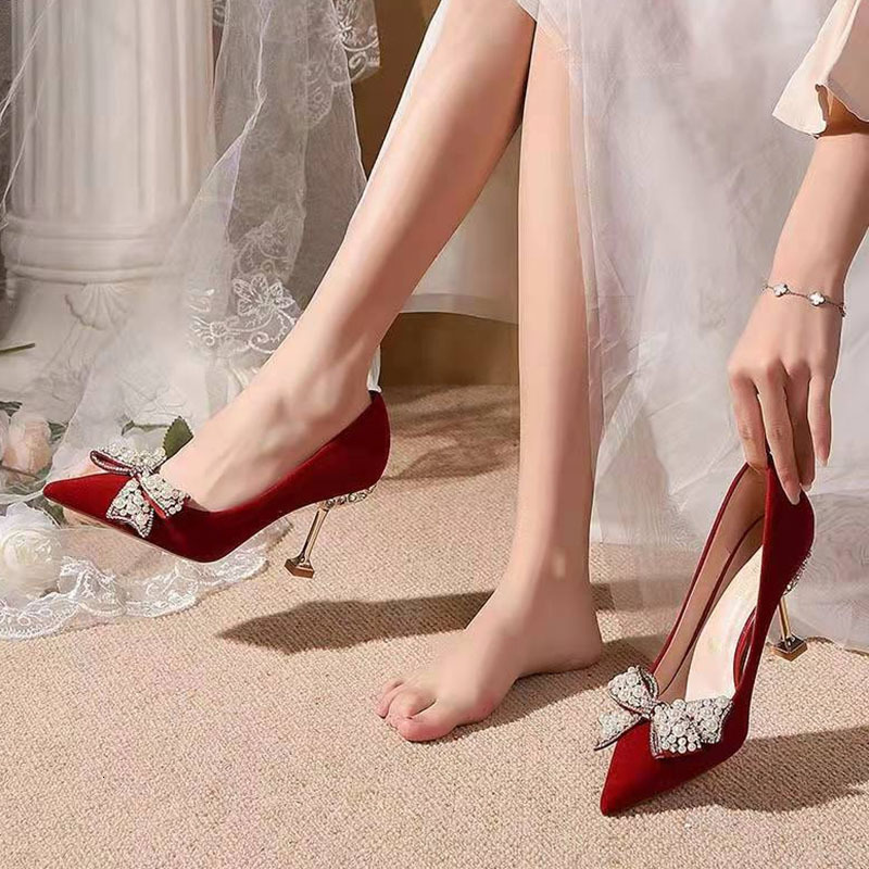 Dress Shoes Rimocy Sweet Bow Pearl Pumps Women Spring Wine Red Metal High Heels Wedding Shoes Woman Sexy Pointed Toe Pumps Ladies 230418