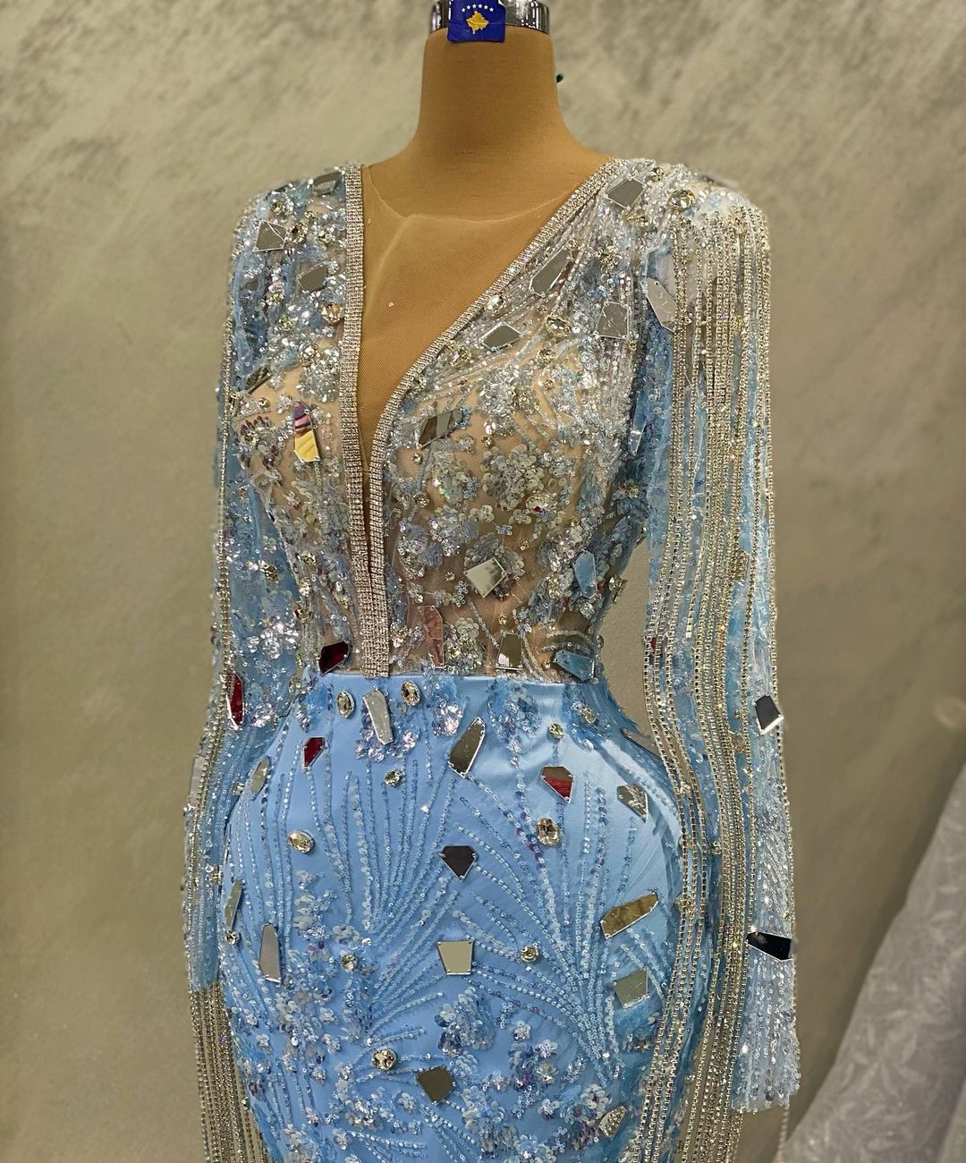 Shiny Sky Blue Mermaid Prom Dresses Beading V Neck Party Dresses Crystals Lace Custom Made Evening Dress