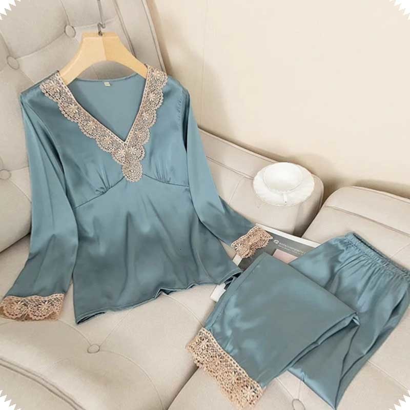 Women's Sleepwear 4611c-4 Womens Silk Satin Pajamas Pyjama set Sleepwear Pajamas Suit Female Sleep Two Piece Set Loungewear Home Wear49b1-1 23041