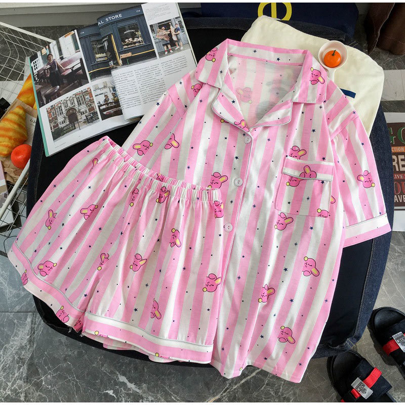 Women's Sleepwear Stripe Women Pajamas Set Single Breasted Short Sleeve Ladies Homewear Suits with Shorts Elastic Waist Summer Cartoon Sleepwear 