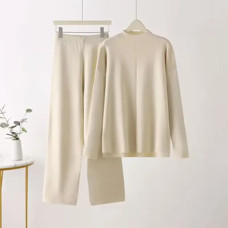 Womens Two Piece Pants Fashion pants set womens track and field clothing autumn winter casual loose fitting sweater wide leg knitting twopiece 231118w