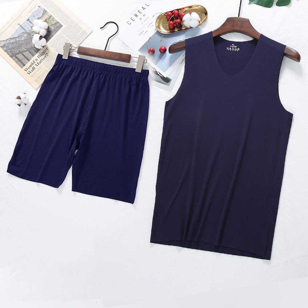 Men's Sleepwear Summer Men Ice Silk Tank Tops boxer Short Sleepwear Set Man Sleeveless Vest V-Neck T-shirts Soft Smooth Pajamas Silky Underwear 2