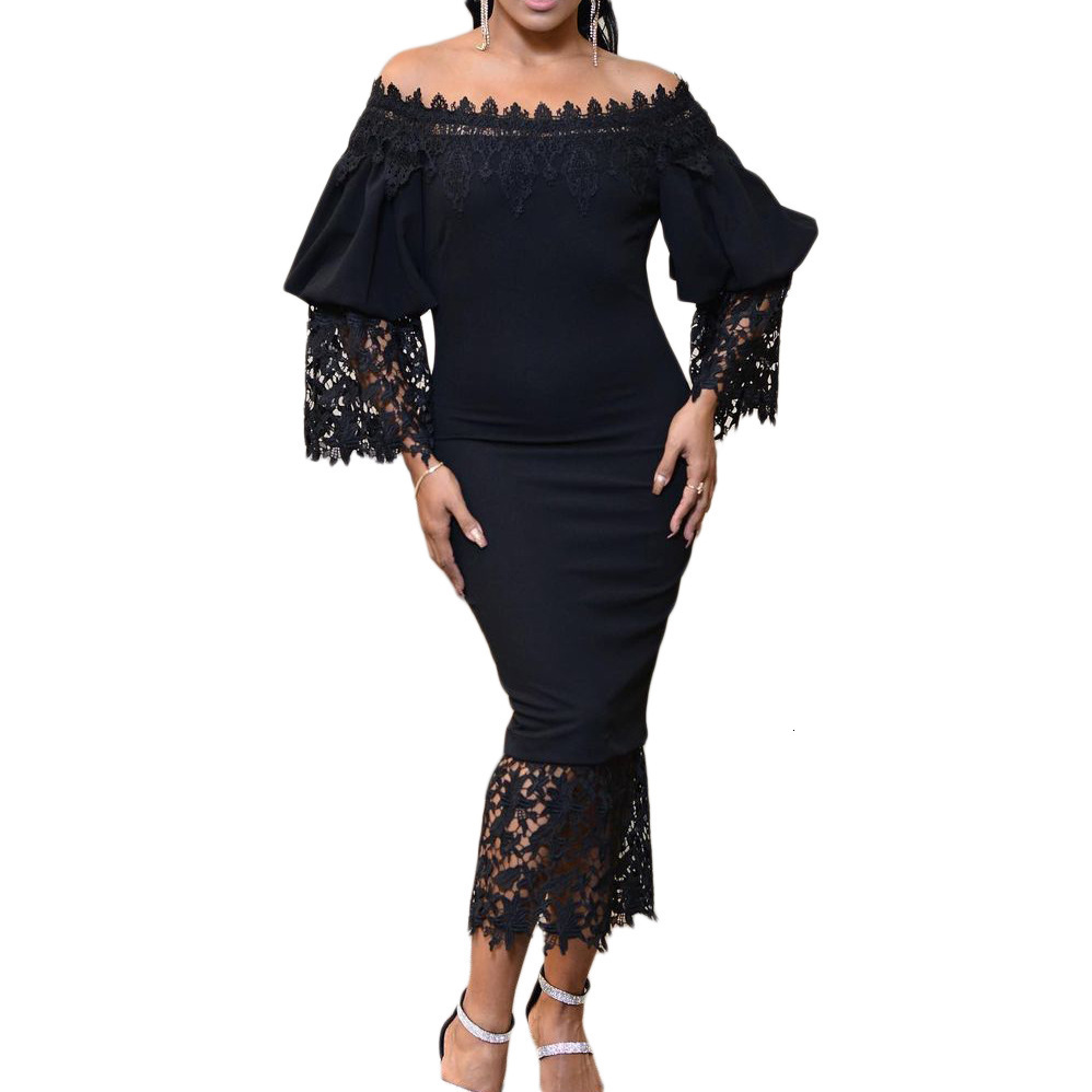 Black Lace Dress Women Elegant Bodycon Lantern Sleeve Ankle Length Evening Night Party Vestidos Mujer Dresses Wholesaele 210510