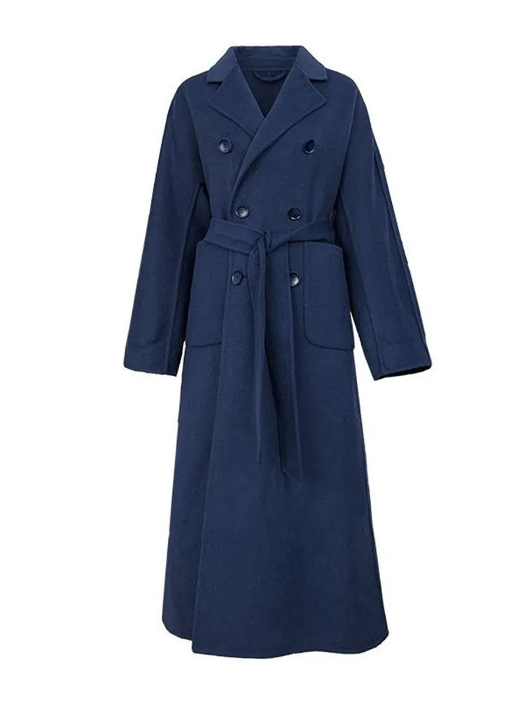 Women's Wool Blends Jmprs Winter Woolen Long Coat Casual Women Double Breasted Faux Wool Jacket Fall Fashion Korean Ladies Black Clothes 231117