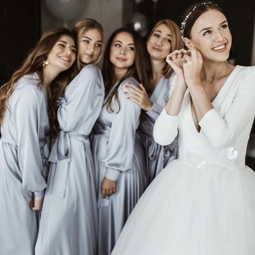 Pale blue Formal Wedding Bridesmaid Dress V-Neck Full Sleeve Side Slit Floor Length Junior Party Robe Gown Tailor-Made