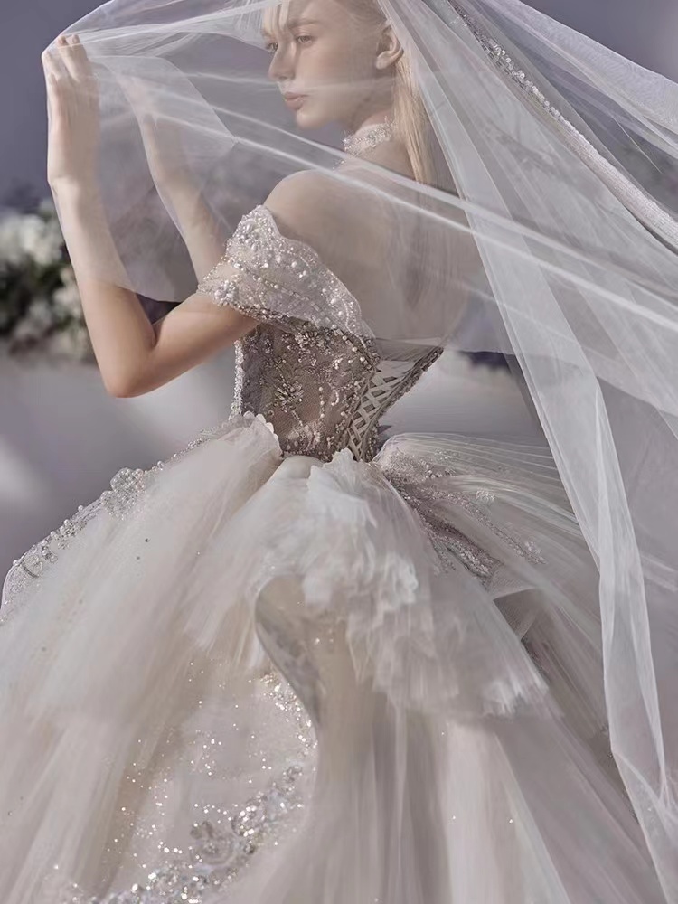 Lace ball gown wedding dress Vintage Sleeves Arabic High Neck Wed beaded crystal Appliques Beaded Long Bridal Wedding Dresses Vestidos de novia