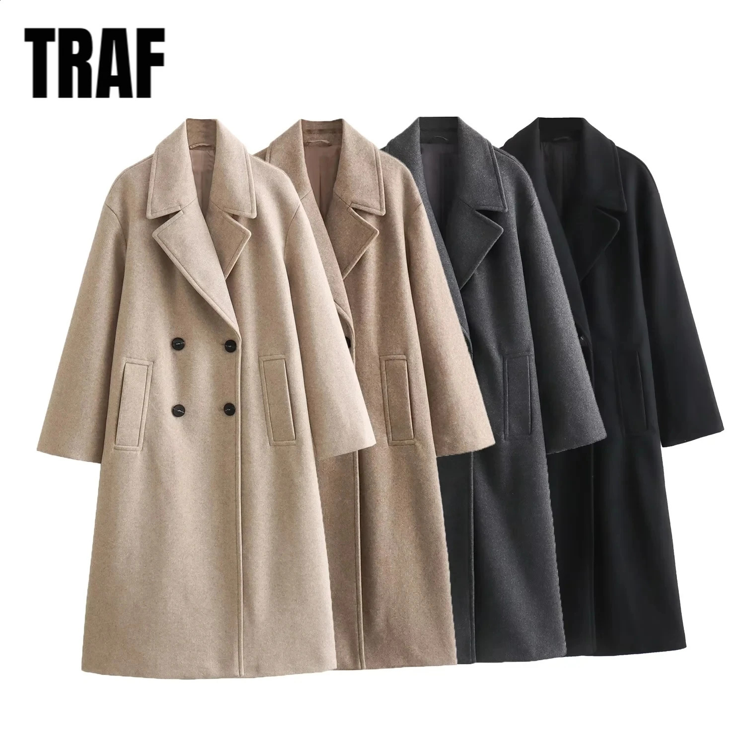 Women's Wool Blends TRAF Clothing Autumn Winter Blend Jacket Long Doublebreasted Buckle Soft Loose Chic Female Coats Mujer 231118Z