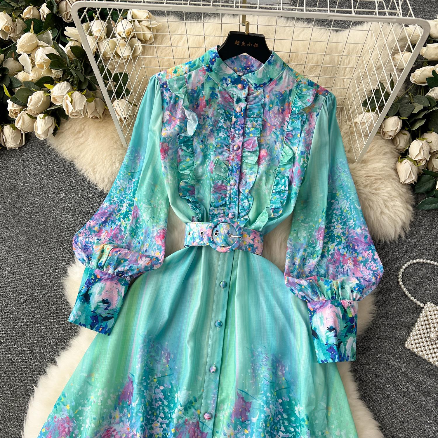Casual Dresses New Fashion Holiday Flower Maxi Dress Women's Stand Collar Lantern Sleeve Floral Printed Belt Ruffles Boho Robe Vestidos 2024