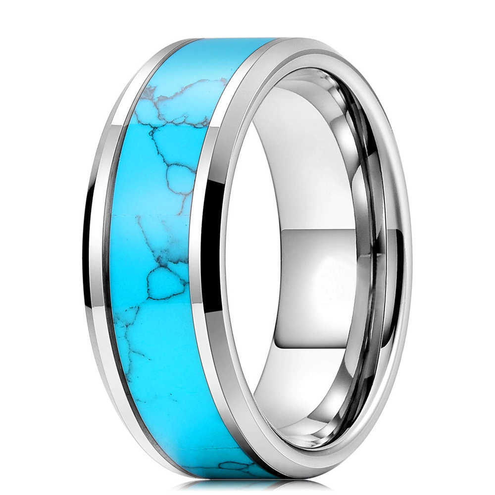 Band Rings Fashion 8mm Men Silver Color Tungsten Wedding Ring Blue Turquoise Stone Inlaid Polished Flat Ring For Men Wedding Band Jewelry AA230417