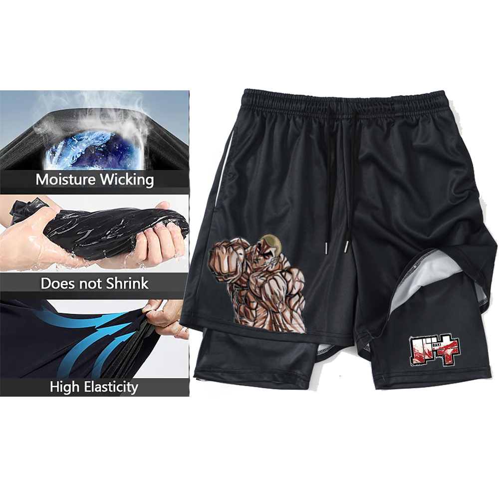 Men's Shorts Anime Hanma Baki Gym Black for Men 2 In1 Mesh Quick Dry Board Mens Bodybuilding Fitness Running Short Pants Summer 230418