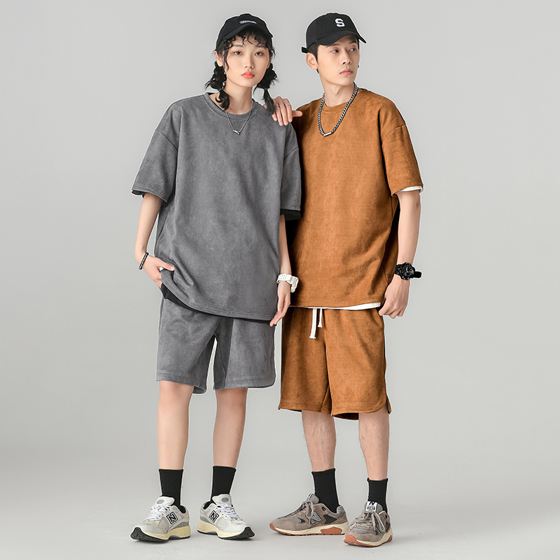 Men's Tracksuits M-3XL Summer Man Short Sets Oversized Solid Tracksuits Mens Casual Two Pieces Short Sleeve T Shirts and Shorts Set Male Female 2