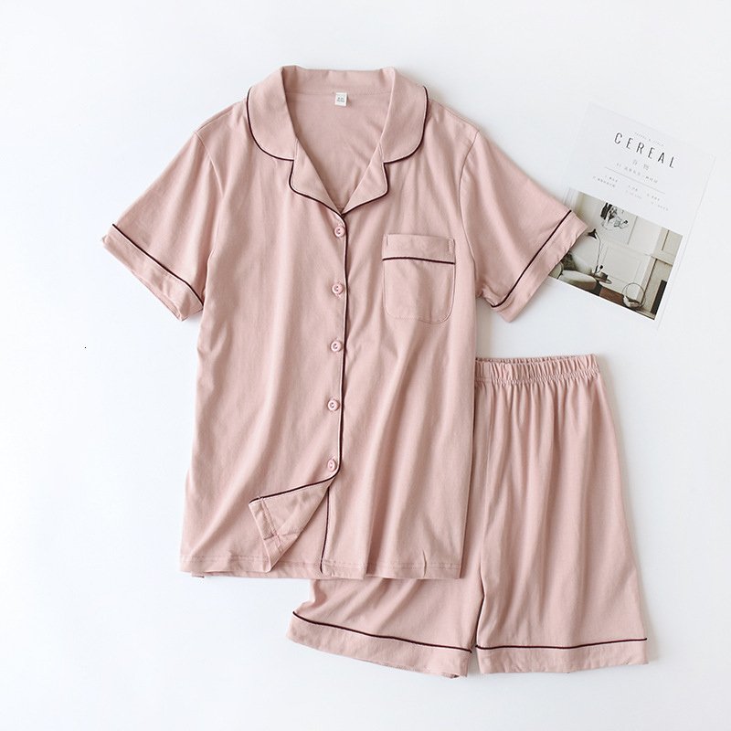 Women's Sleepwear Summer cotton couple pajamas suit female short-sleeved shorts men's pajamas thin home service suit pyjamas women pink 2304