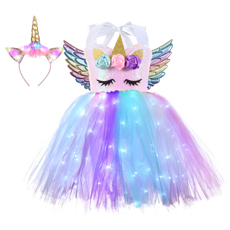 Girl's Dresses Girls Unicorn Dresses Christmas Kids LED Lights Sequin Pastel Rainbow Birthday Party Tutu Dresses Shiny Princess Cosplay Costume 2