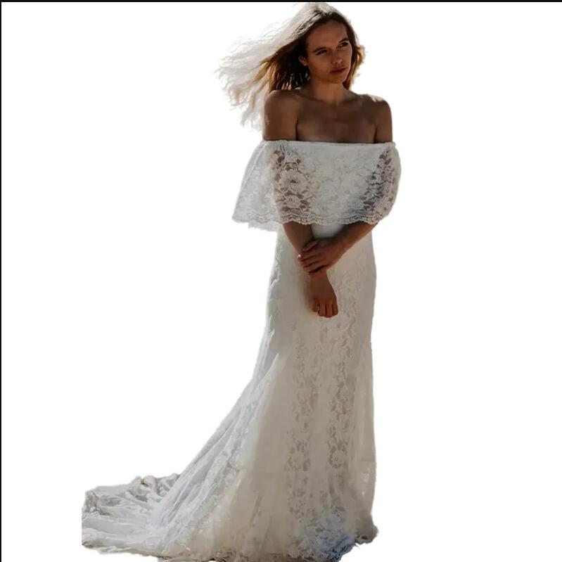 Bohemian Lace Mermaid Wedding Dresses Bateau Neck Sexy Long Bridal Gowns Summer Boho Beach Vestidos De Novia