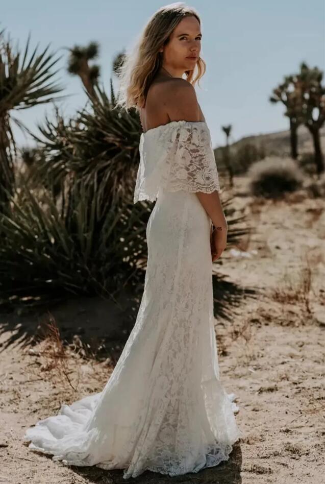 Bohemian Lace Mermaid Wedding Dresses Bateau Neck Sexy Long Bridal Gowns Summer Boho Beach Vestidos De Novia