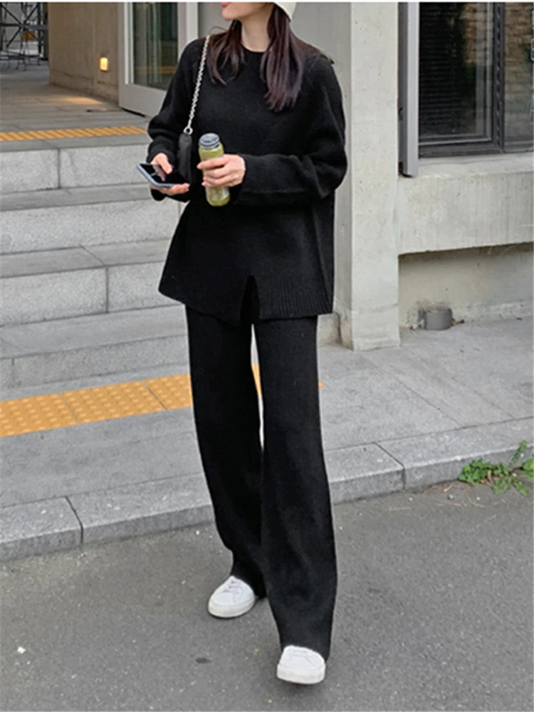 Womens Two Piece Pants REALEFT Autumn and Winter 2Piece Knitted Track Suit ONeck Split Sweater Wide Leg Jogger Zipper Set 231118wtt