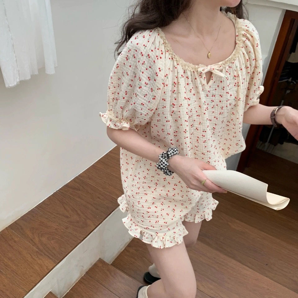 Women's Sleepwear Floral Print Summer Pajamas Set Women Shirts Tops Shorts Set Two Piece Ruffles Sweet Home Suit Home Clothes Korean 230418