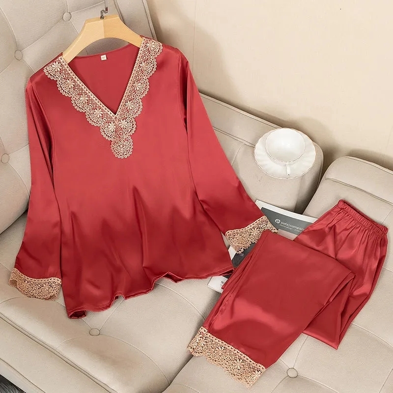 Women's Sleepwear 4611c-4 Womens Silk Satin Pajamas Pyjama set Sleepwear Pajamas Suit Female Sleep Two Piece Set Loungewear Home Wear49b1-1 23041