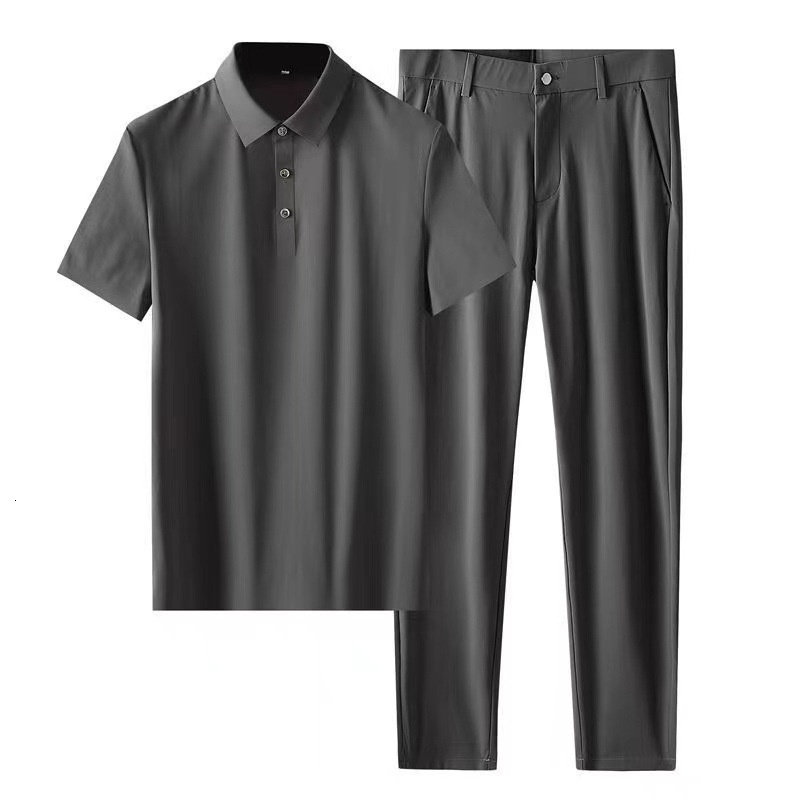 Men's Tracksuits High Elastic Mens Short Sets Short Sleeve Two-piece Seamless Glue Pressing Summer Speed Dry Lapel Leisure Men Track Suit 230418