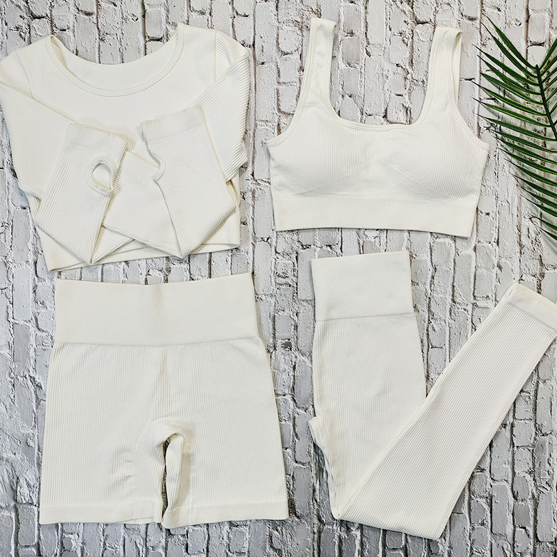 Women's Two Piece Pants Ribbed Women Sets Fitness Suit Seamless Sportswear Sexy Gym Clothing Stripe Legging Long Sleeve Sport Outfits Woman Track