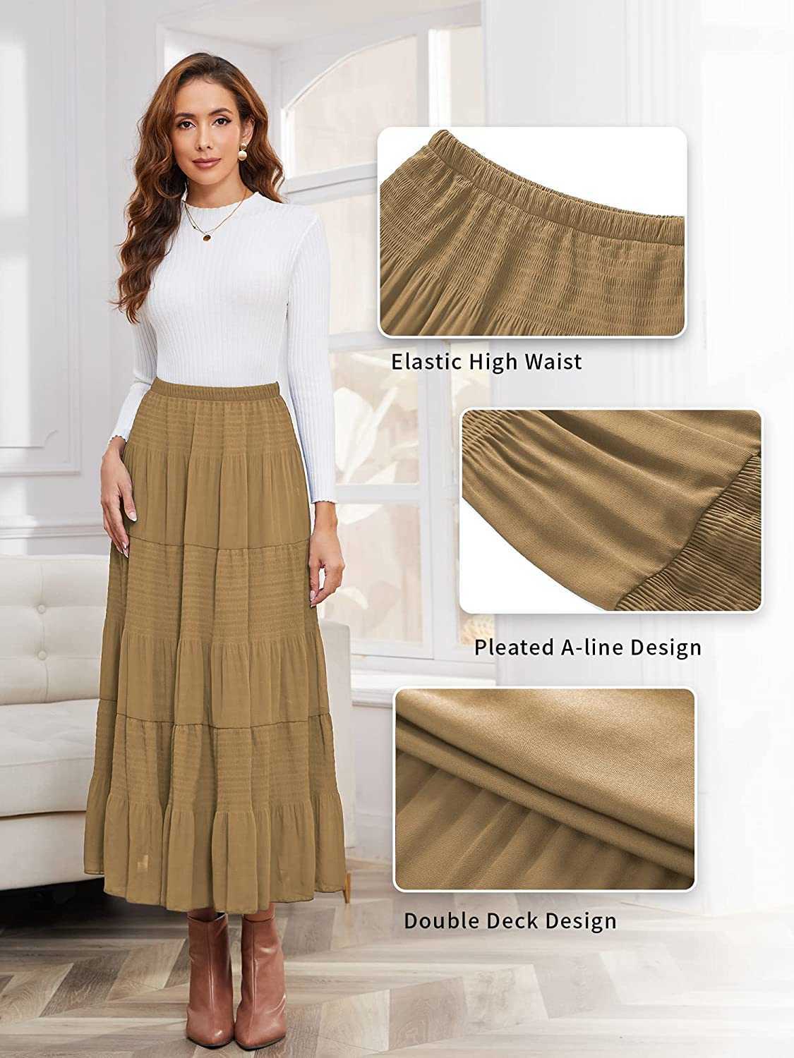 NASHALYLY Women's Chiffon Elastic High Waist Pleated A-Line Flared Maxi Skirts