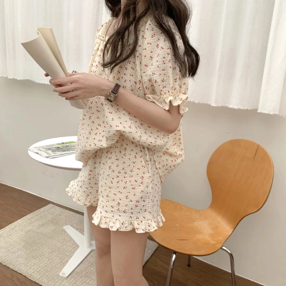 Women's Sleepwear Floral Print Summer Pajamas Set Women Shirts Tops Shorts Set Two Piece Ruffles Sweet Home Suit Home Clothes Korean 230418