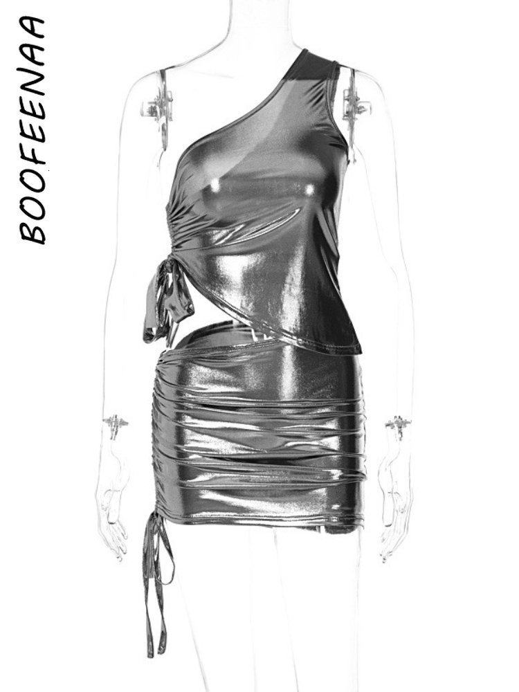 Two Piece Dress BOOFEENAA Metallic Mini Sets Sexy Short Clubwear Skirt and Top Miami Outfit C16BG17 230418