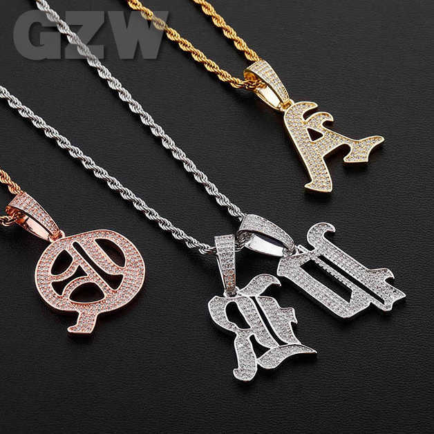 Mens Capital Ancient 26 English Letters Pendant Necklaces Old Font Initial Letter Real 18k Gold Bling CZ Stone Hip Hop Personalized Jewelry Accessorie