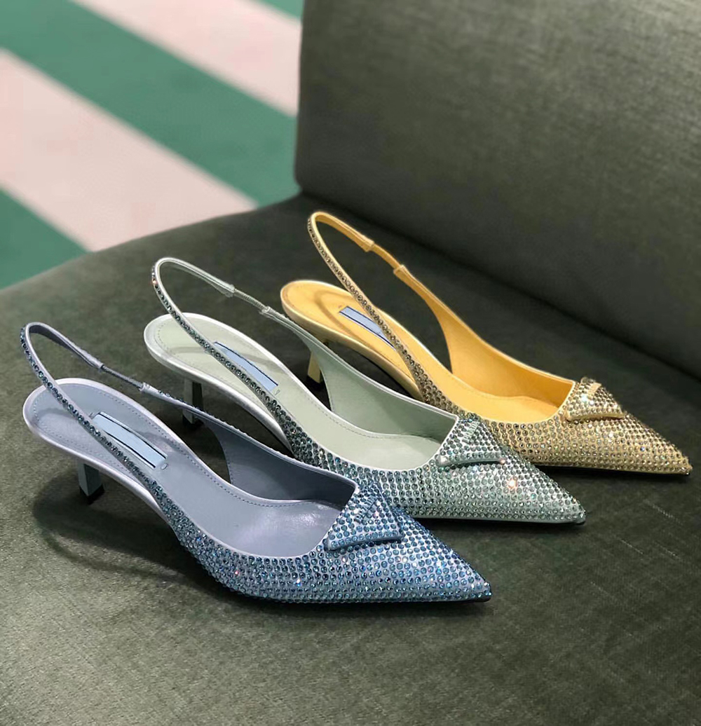 Fashion Pointed toe Slingback dress shoes 5.5cm heel rhinestone decoration stiletto sandals slippers mules women's Luxury designer evening shoes 35-43 with box
