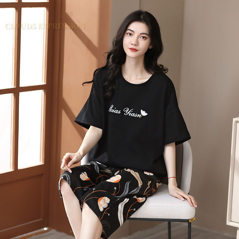 Women's Sleepwear Summer Elegant Women Floral Pajama Sets Short Sets Capris Knitted Cotton Sexy Black Sleepwear FemalePajamas Lounge Pijama Mujer