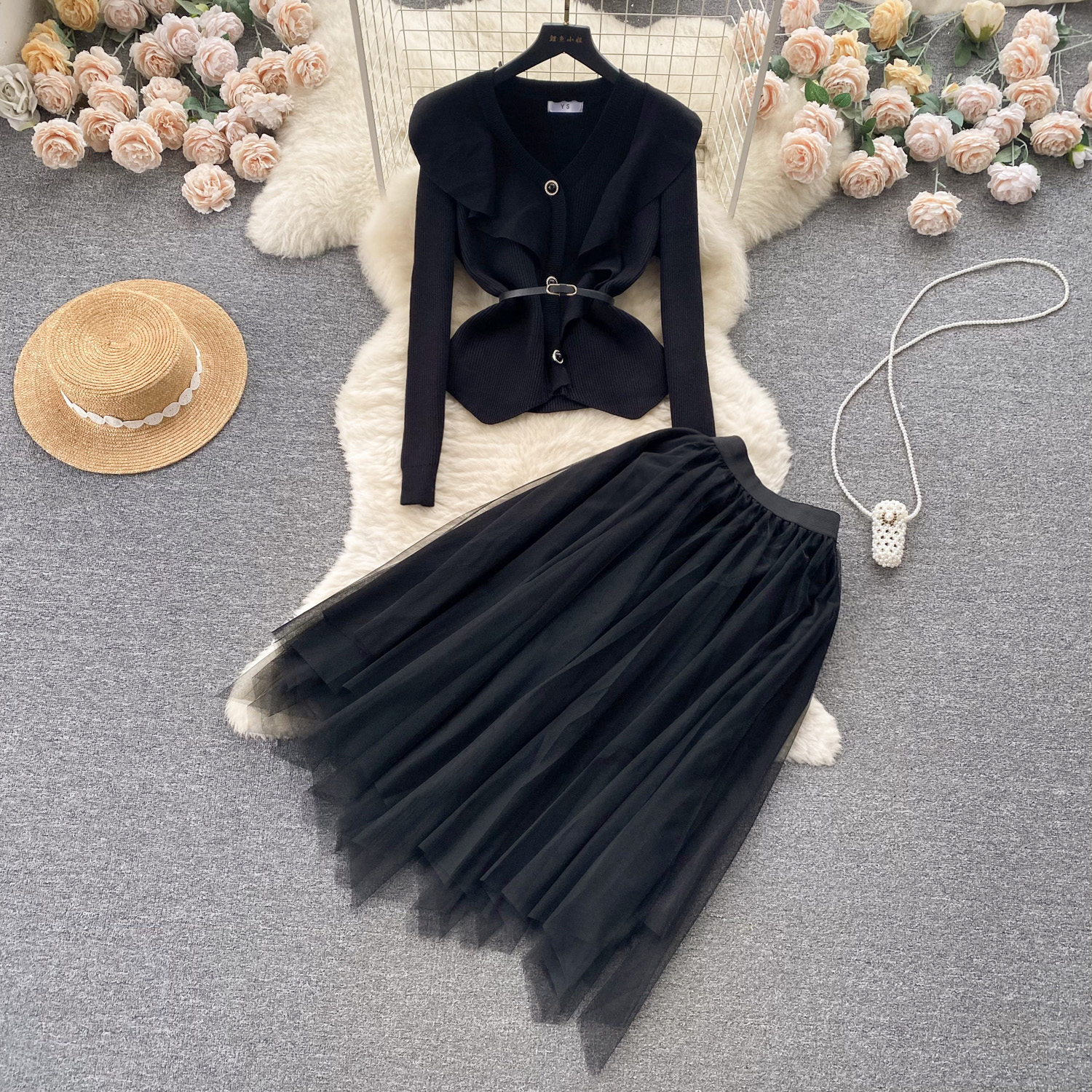 Two Piece Dress High Quality Ruffle Edges And Waistband Long Sleeve Knit Shirt For Women With Autumn And Winter Girls Pleated Mesh Skirt Sets 2024