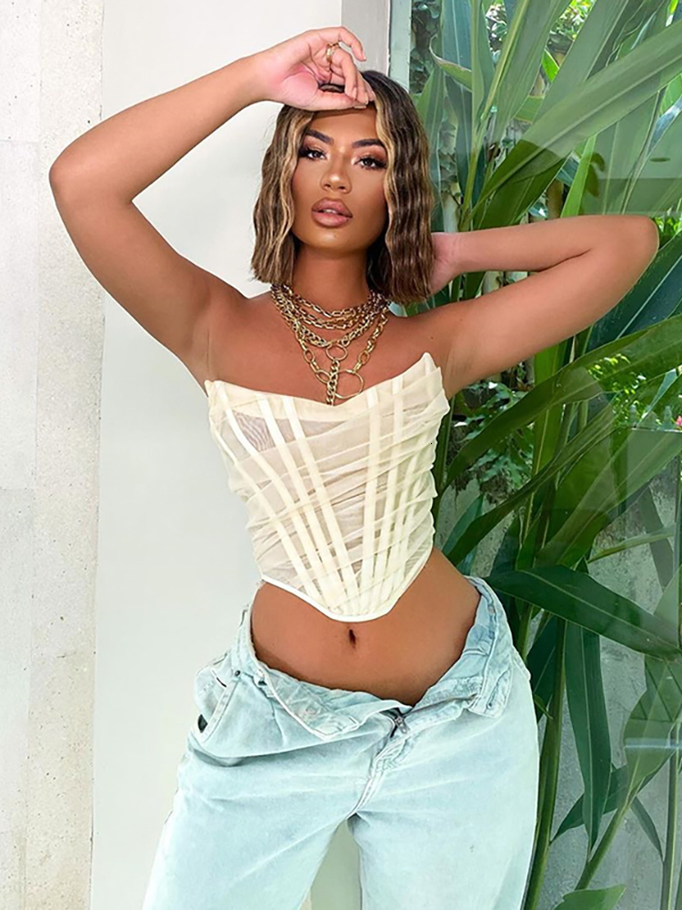 Women's Tanks Camis Colysmo Mesh Crop Top Women Summer s Sexy Party Club Wear Off Shoulder Corset Solid Color Casual Streetwear Tube 230418