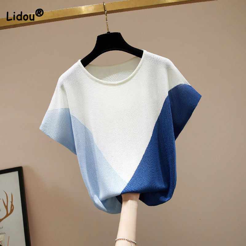 Women's T-Shirt Spring Summer Ice Floss Contrast Color Pullover Women's Top Korean Crew Neck Loose Short Sleeve Plus Size Knitted T-Shirt Tr